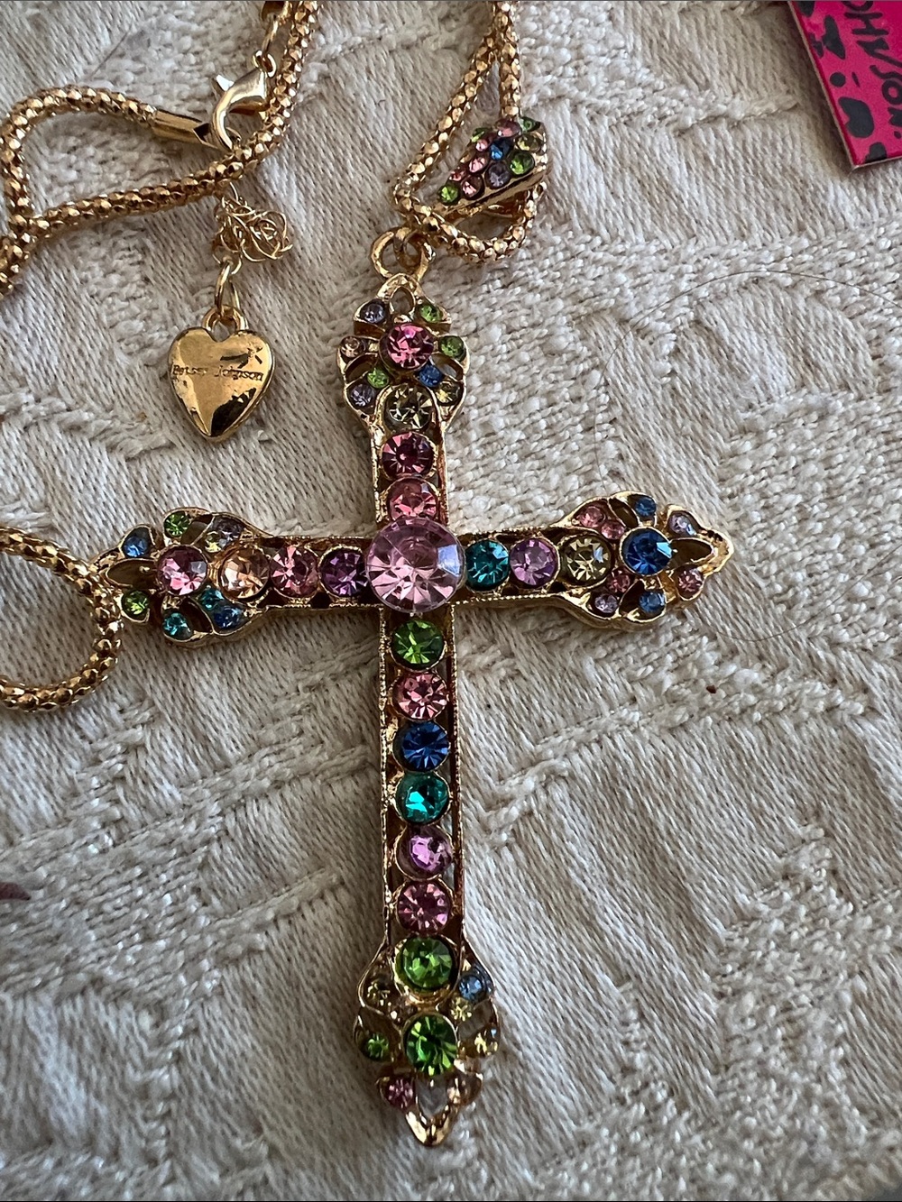 Betsey Johnson Gold-tone Multicolor Crystal Cross Pendant Necklace NWT - Picture 3 of 6